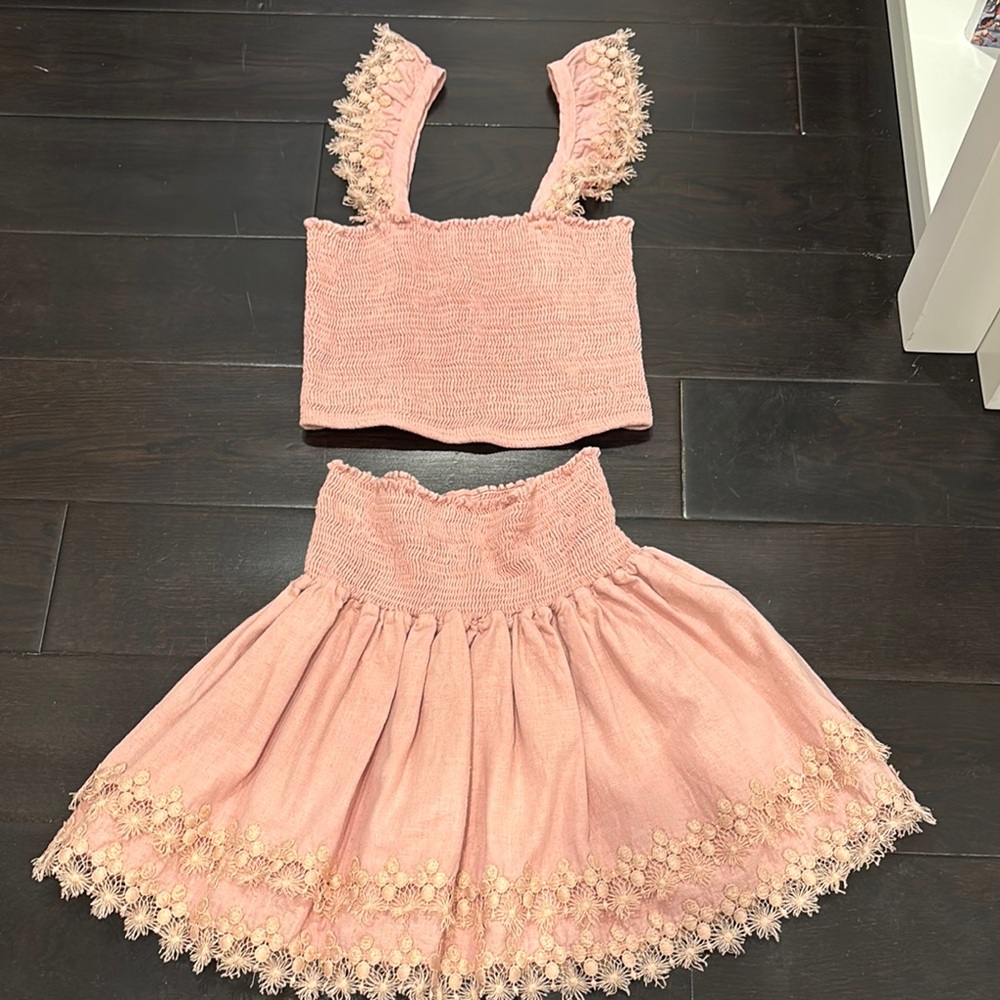 Little Pexito Pink Smocked Top and Skirt Set with Lace Trim